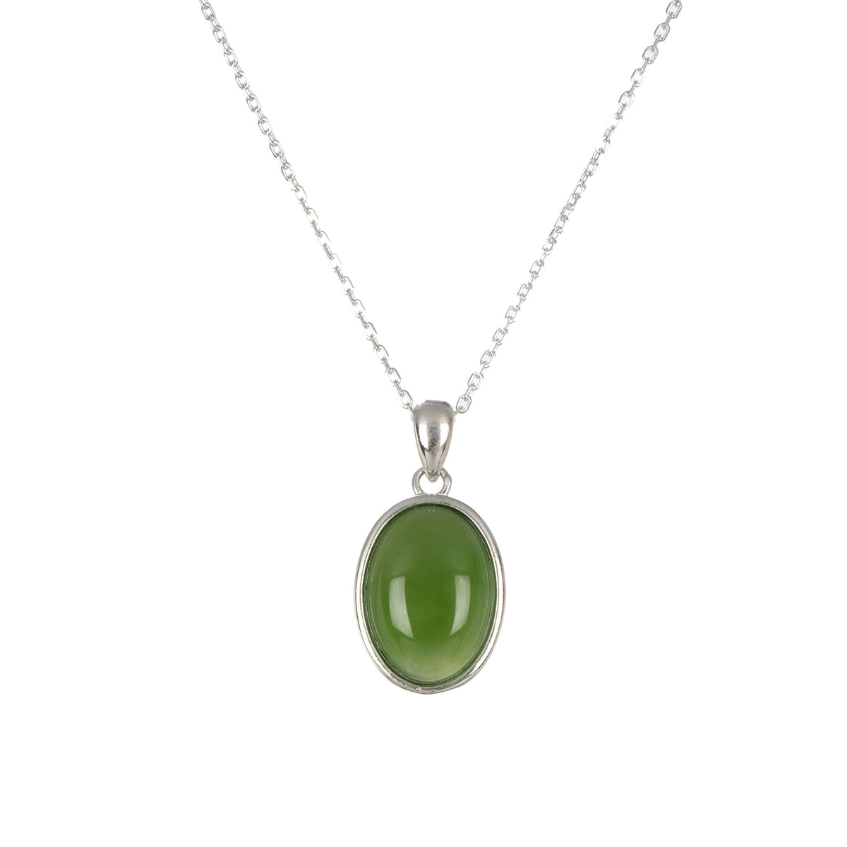 An oval cabochon jade pendant necklace in 925 sterling silver with a silver chain.