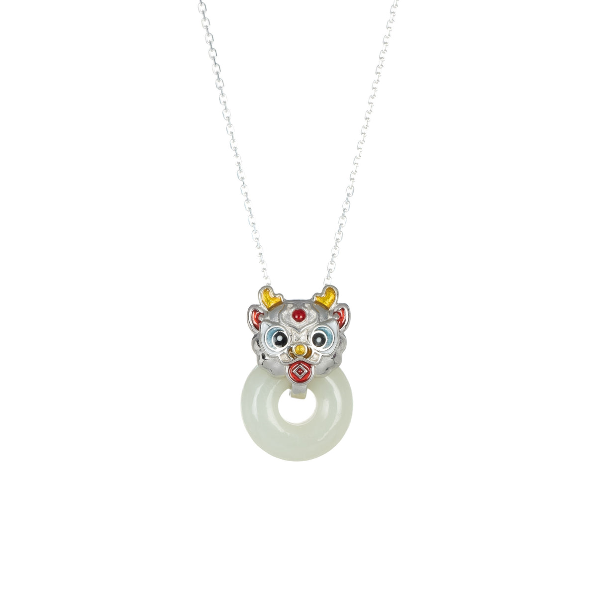 Dancing Lion Head Jade Donut Necklace in Sterling Silver