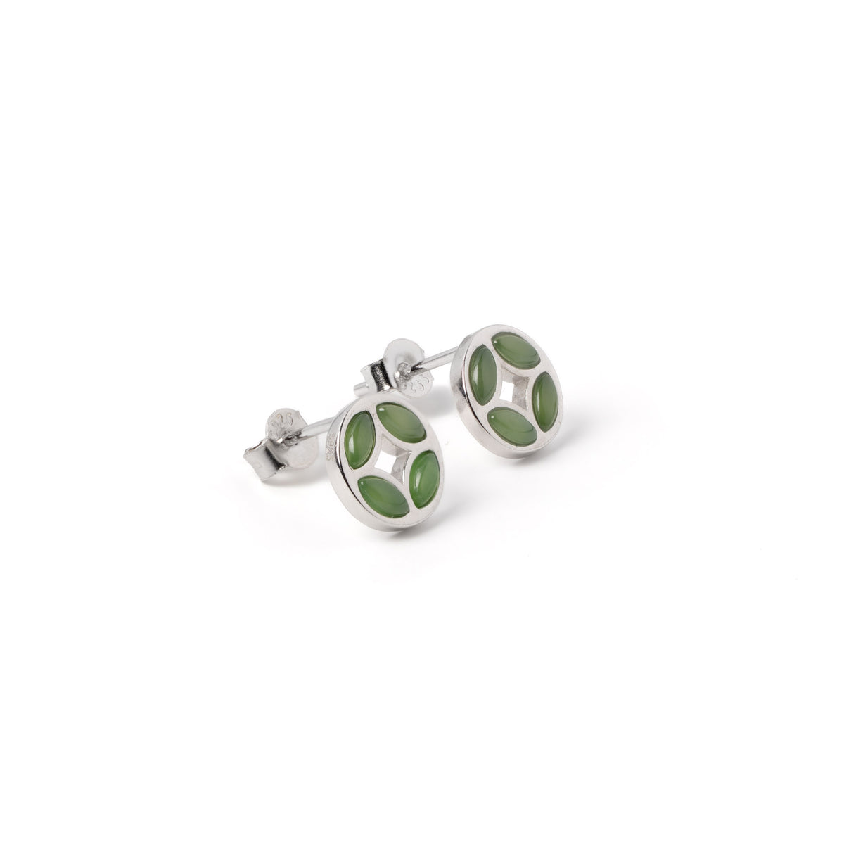 Fortune Coin – Green Jade Stud Earrings in Sterling Silver or Gold Plated Over 925