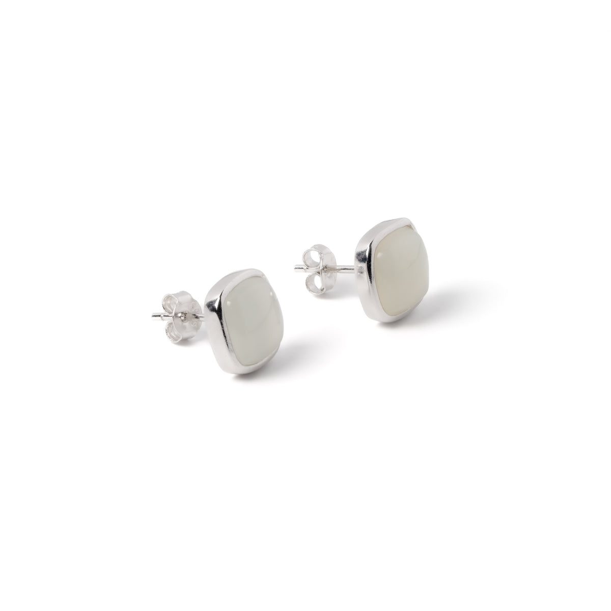 Lunar Mist Studs – White Nephrite Jade Cushion Earrings in Sterling Silver