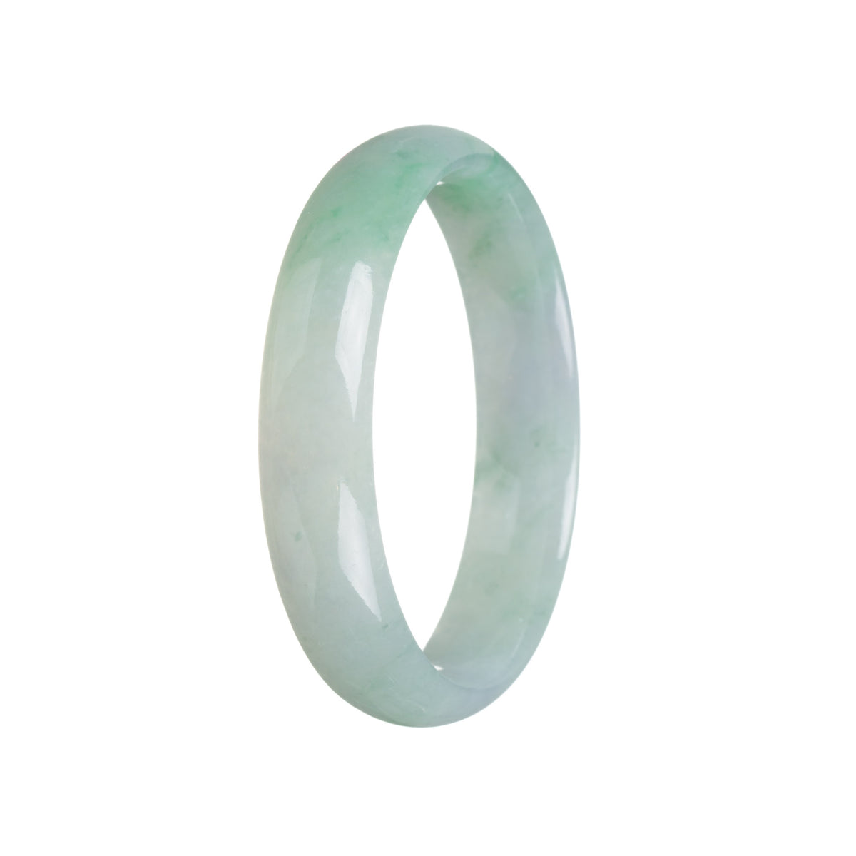 A half-moon shaped, icy apple green Burmese jade bracelet with a smooth surface.