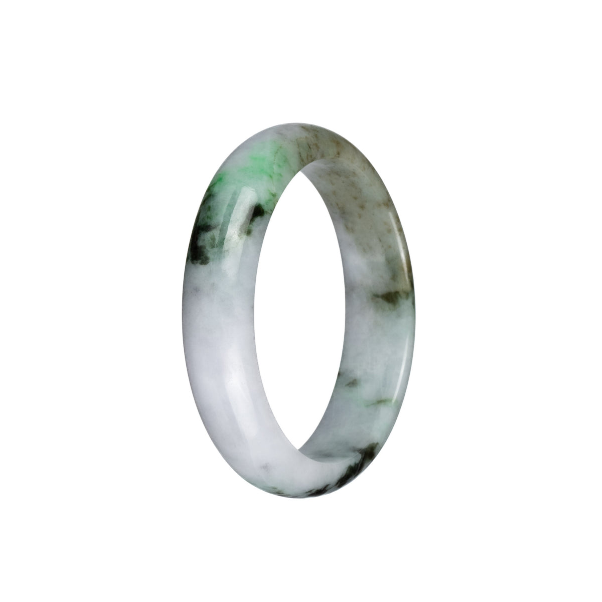 Authentic Grade A White and Light Brown with Dark Green and Apple Green Patterns Burmese Jade Bracelet - 54mm Half Moon