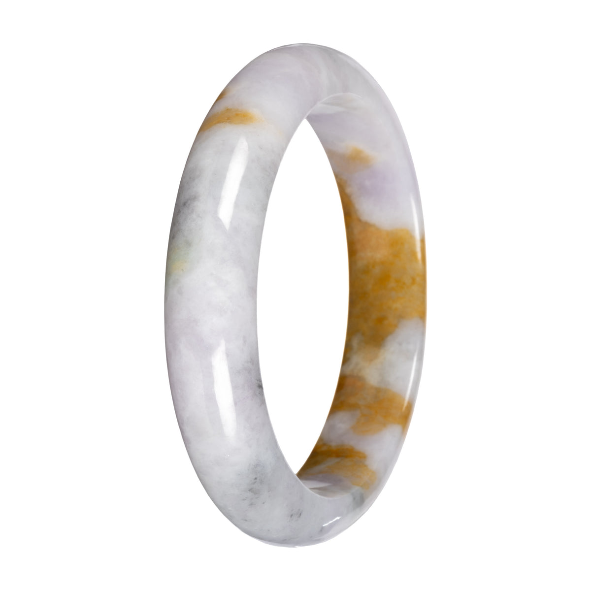 Untreated White with Light Lavender and Yellow Pattern Traditional Jade Bangle - 58mm Half Moon