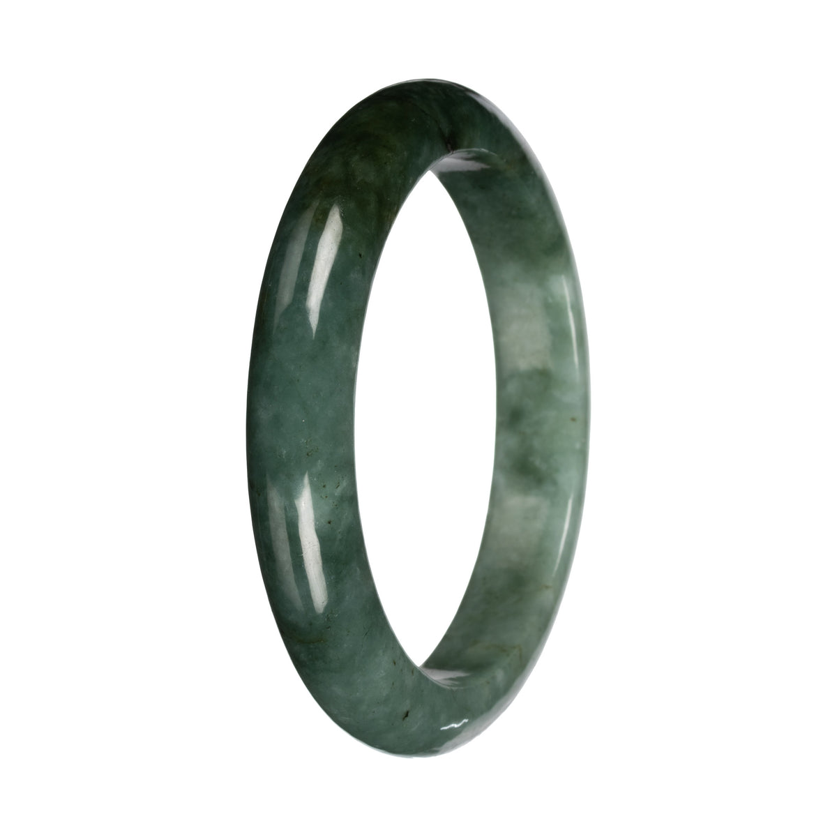 Untreated Green with Deep Green Pattern Burmese Jade Bangle - 56mm Half Moon