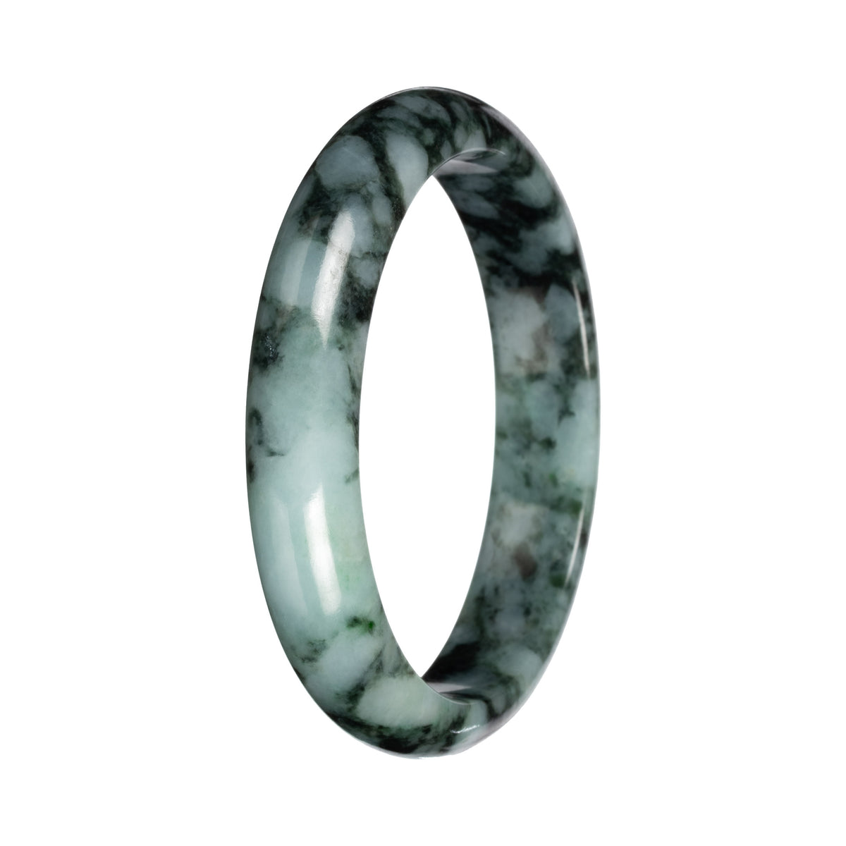 Real Green with Deep Green Pattern Burmese Jade Bangle - 56mm Half Moon