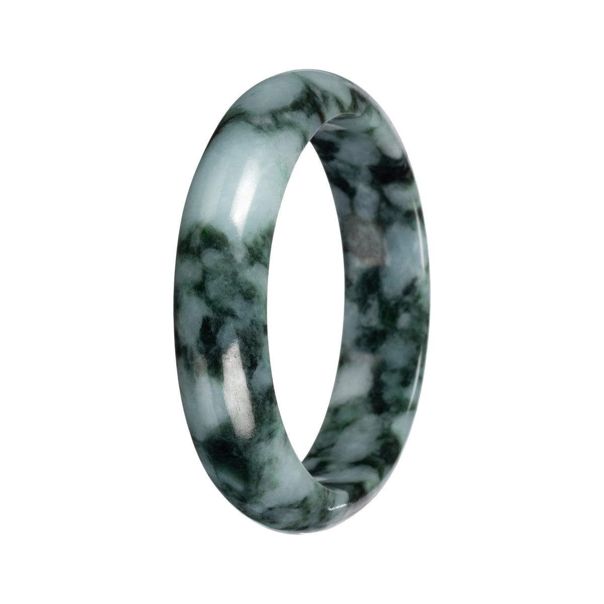 Grade A Green with Deep Green Pattern Burmese Jade Bangle Bracelet - 53mm Half Moon