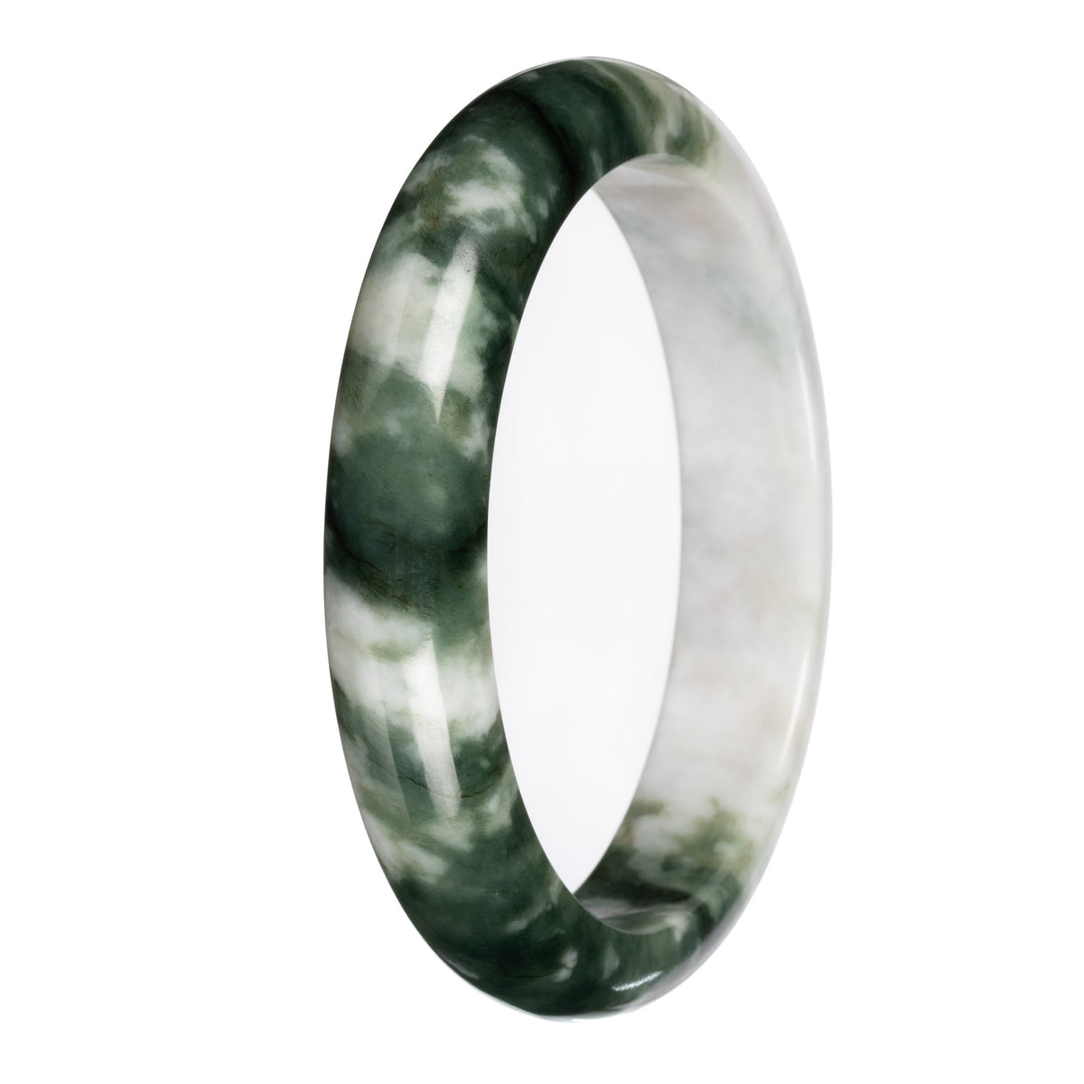 Genuine White with Deep Green Pattern Deep Green with White Section Burma Jade Bangle Bracelet - 67mm Half Moon