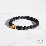 Small Grey and Black Jadeite Jade Bead Bracelet with 24k Gold Ingot - 7mm