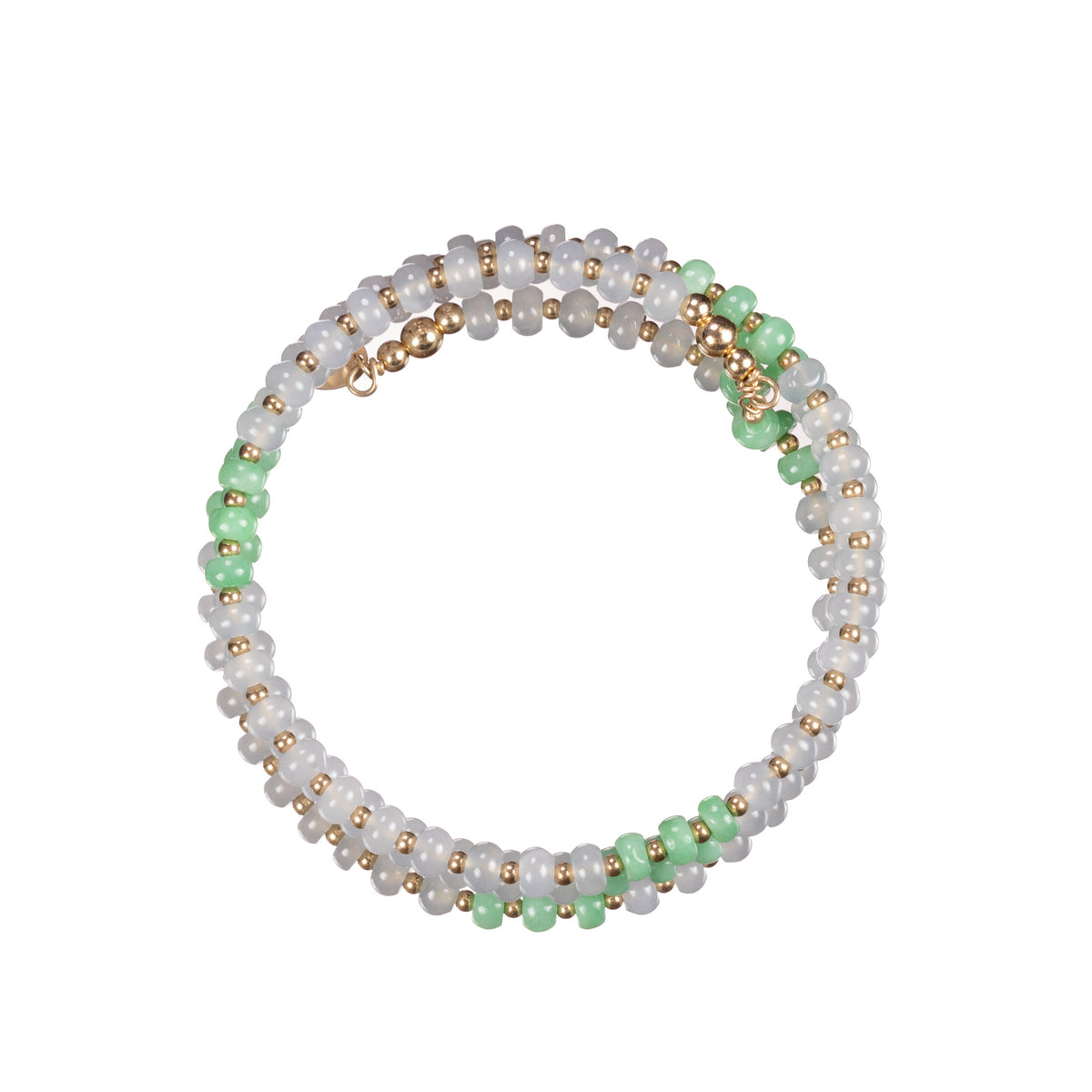 White and Green Jadeite Jade Wrap Bracelet in 14K Yellow Gold
