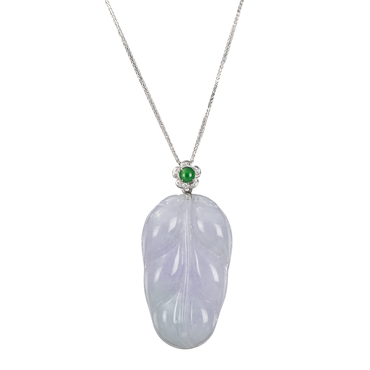Lavender Jade Leaf Pendant - 18K White Gold Flower Bail