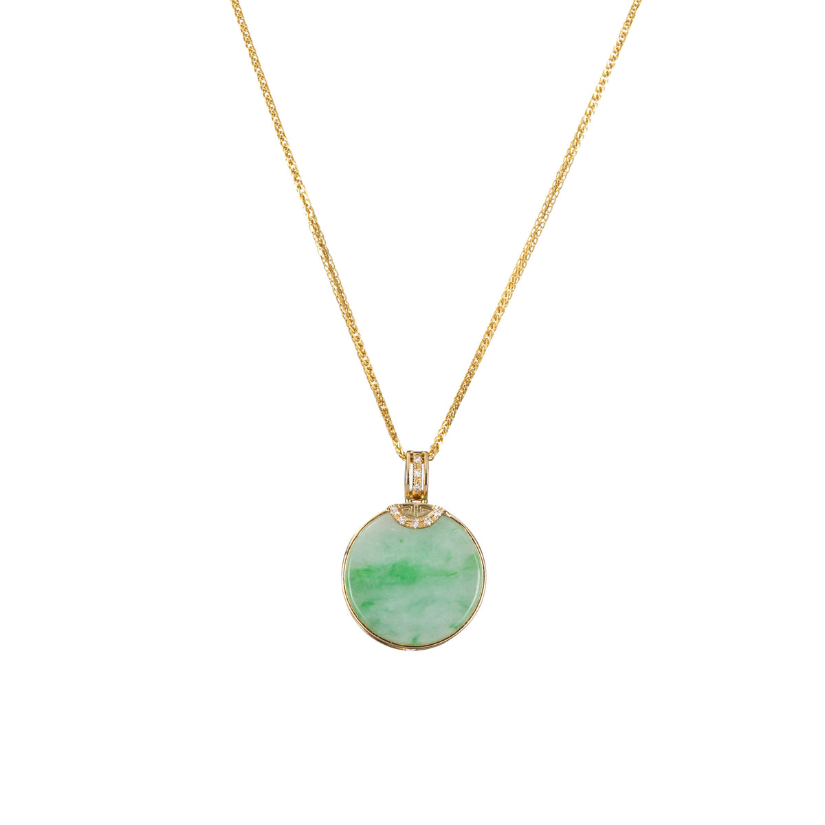 18K Yellow Gold Mini Circular Jadeite Jade Pendant- Floral Frame