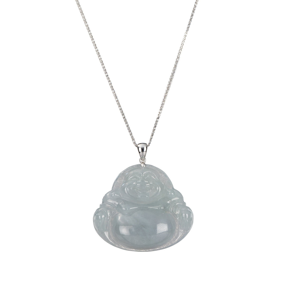 Happy Buddha Jadeite Jade Necklace in 18K White Gold
