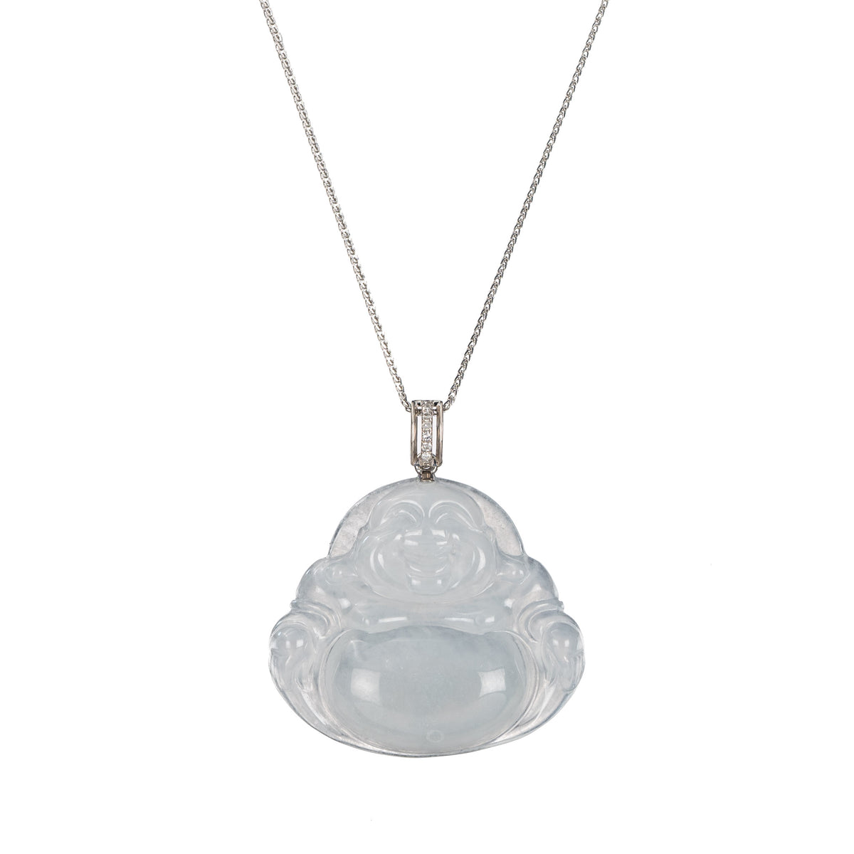 Icy White Laughing Buddha Jade Pendant with Diamonds