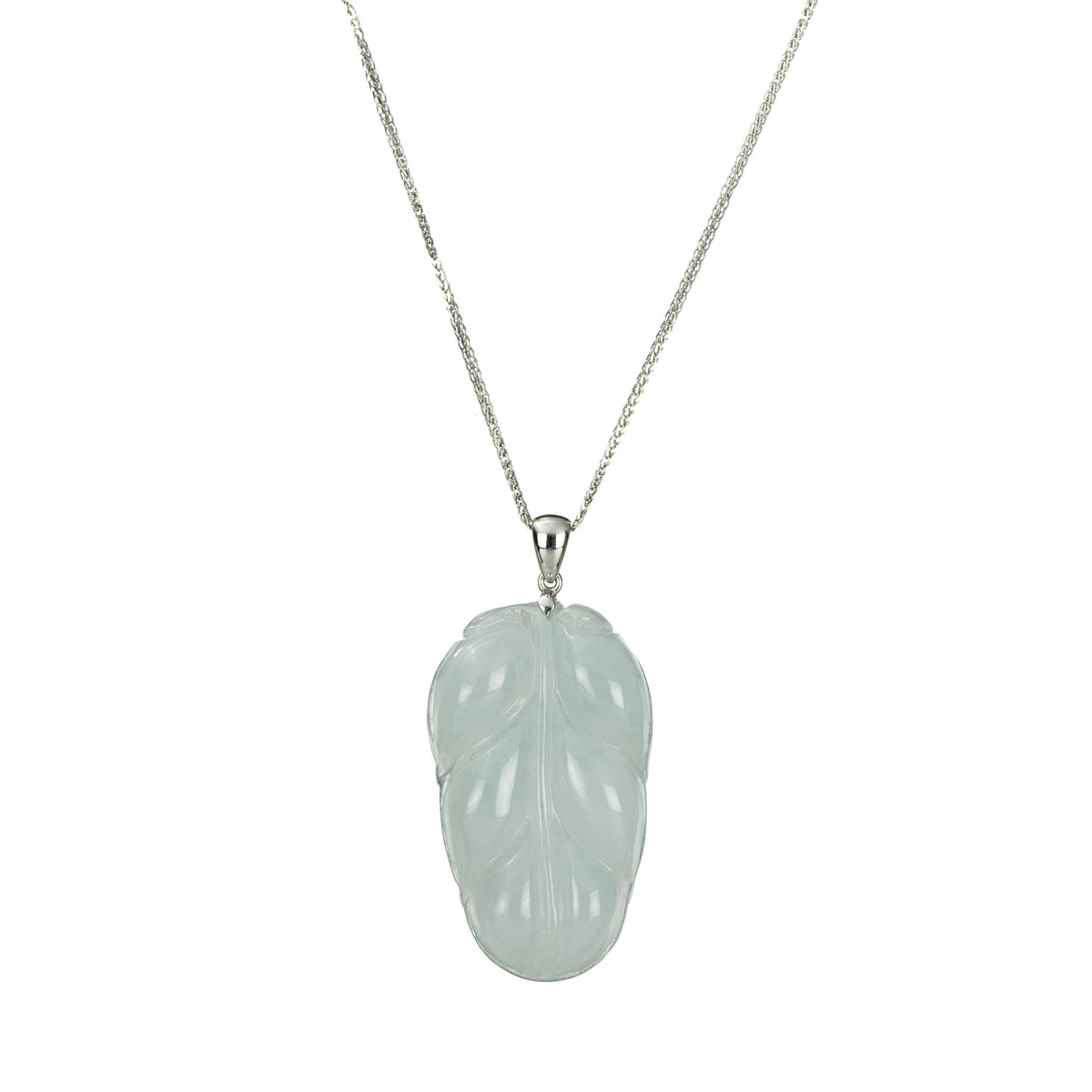 18K White Gold Jade Leaf Pendant - Authentic Burmese Jadeite