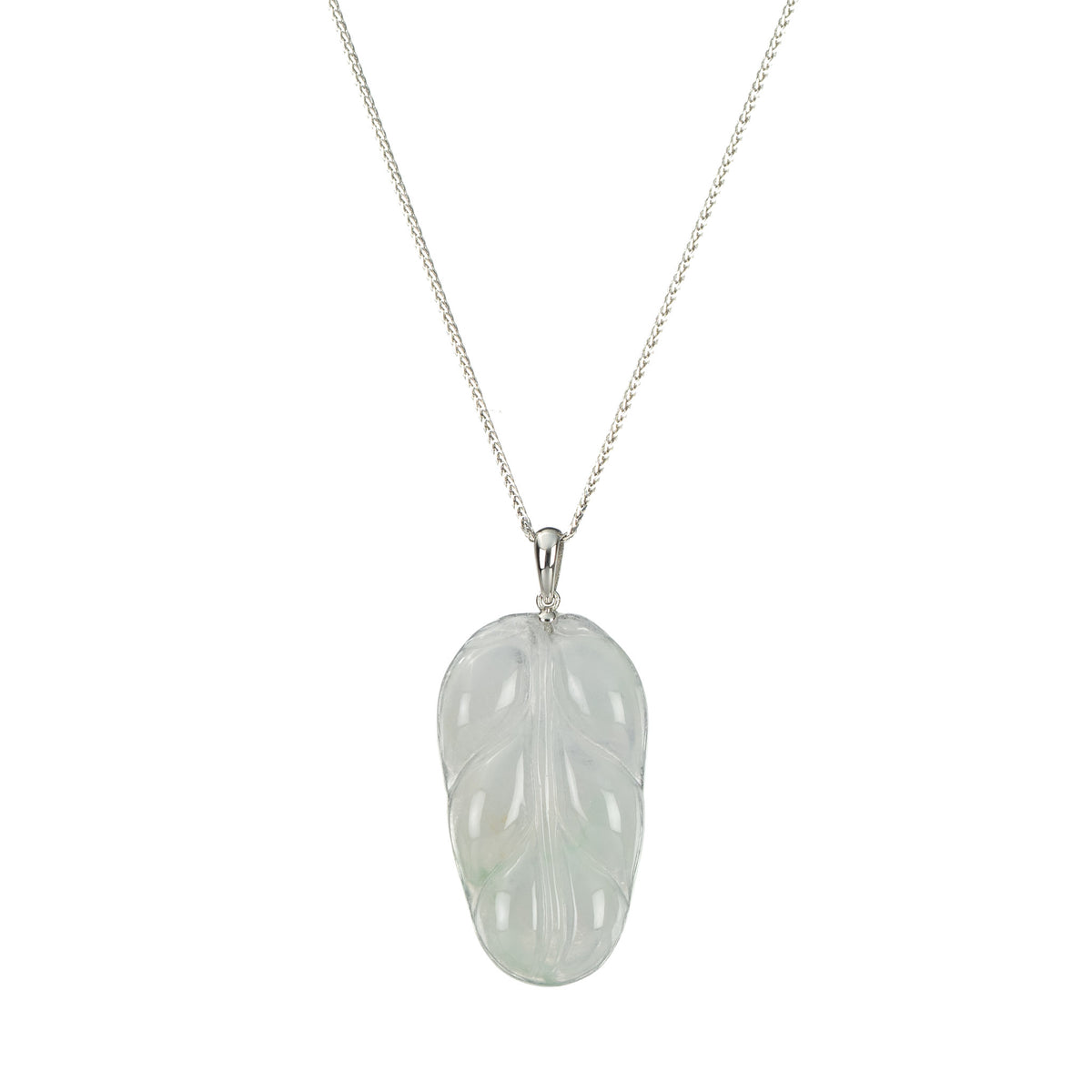 Highly Translucent Jade Leaf Pendant with 18K White Gold