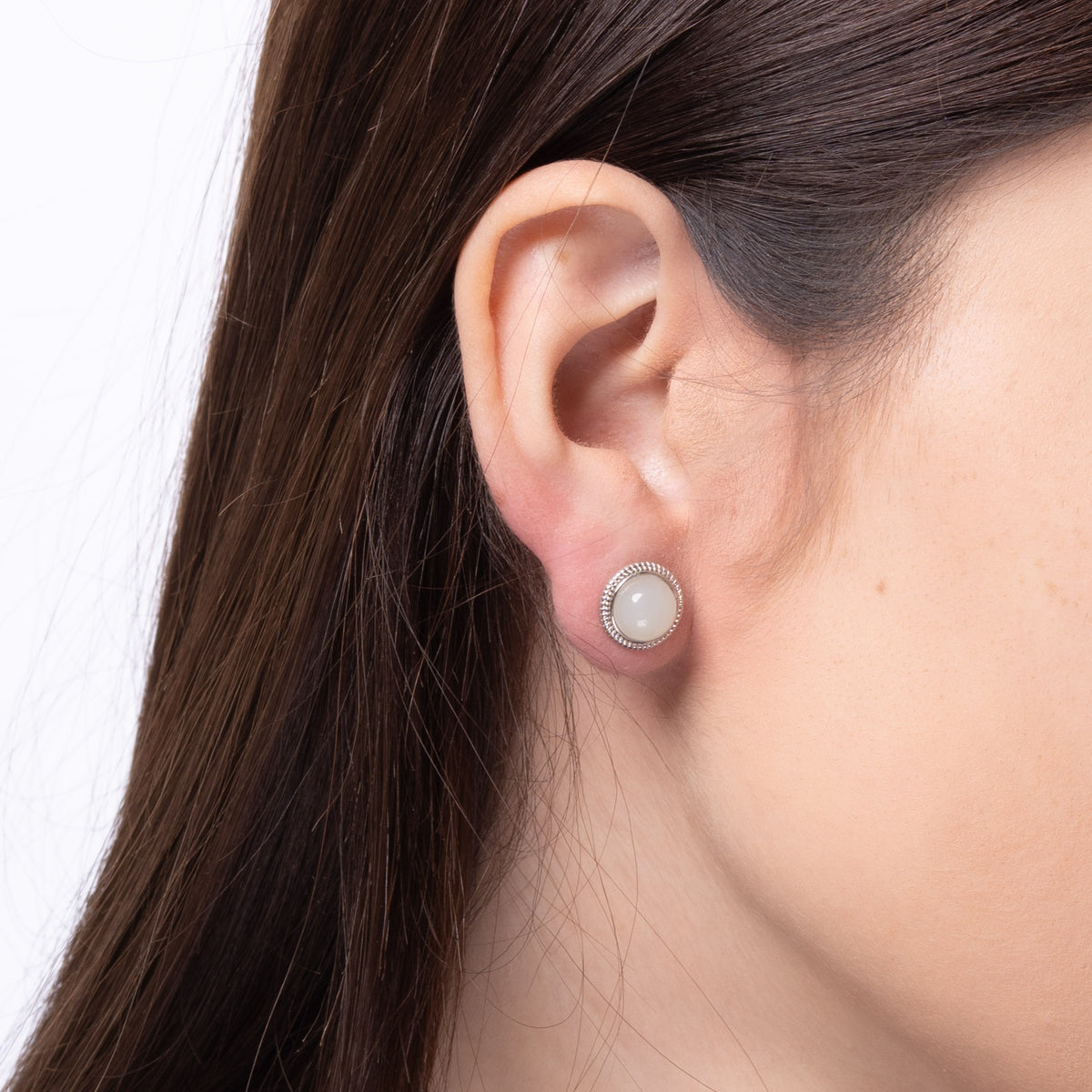 Aurora – White Jade Round Stud Earrings in Sterling Silver with Milgrain Edge