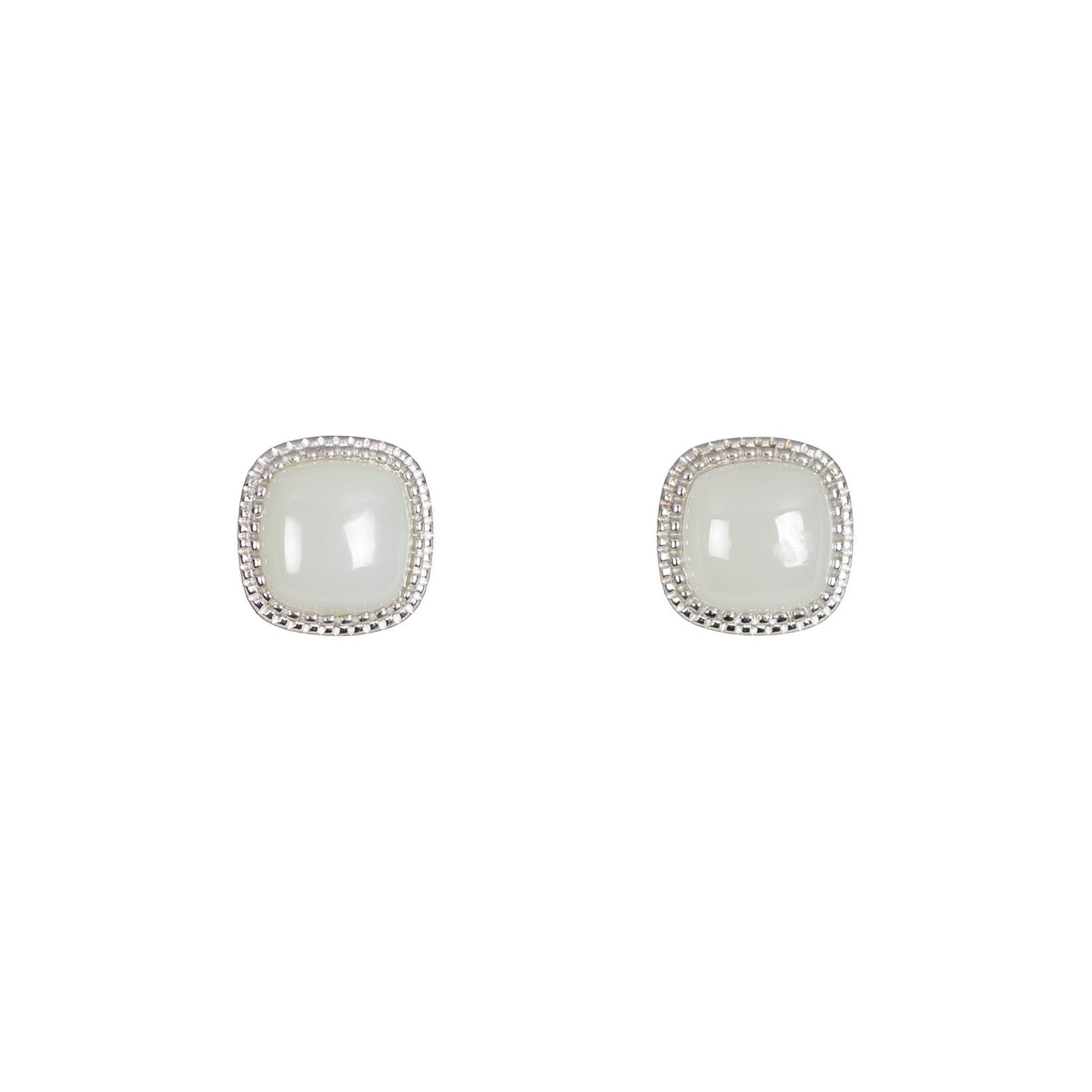 Celeste Cushion – White Jade Stud Earring in Sterling Silver with Beaded Frame