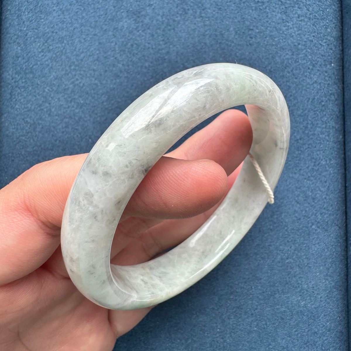 Certified Grade A Light Grey and Light Green with Grey Patterns Burmese Jade Bangle - 63mm Half Moon