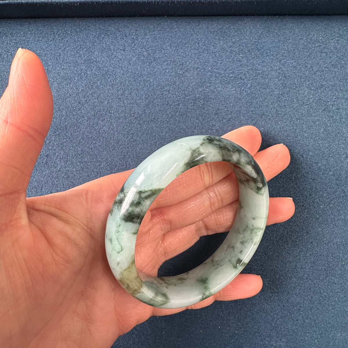 Certified Grade A Green Pattern Traditional Jade Bangle - 53mm Half Moon