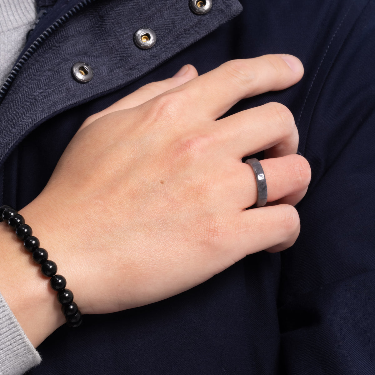 Sereniti Flat Grey and Black Burmese Jade Ring