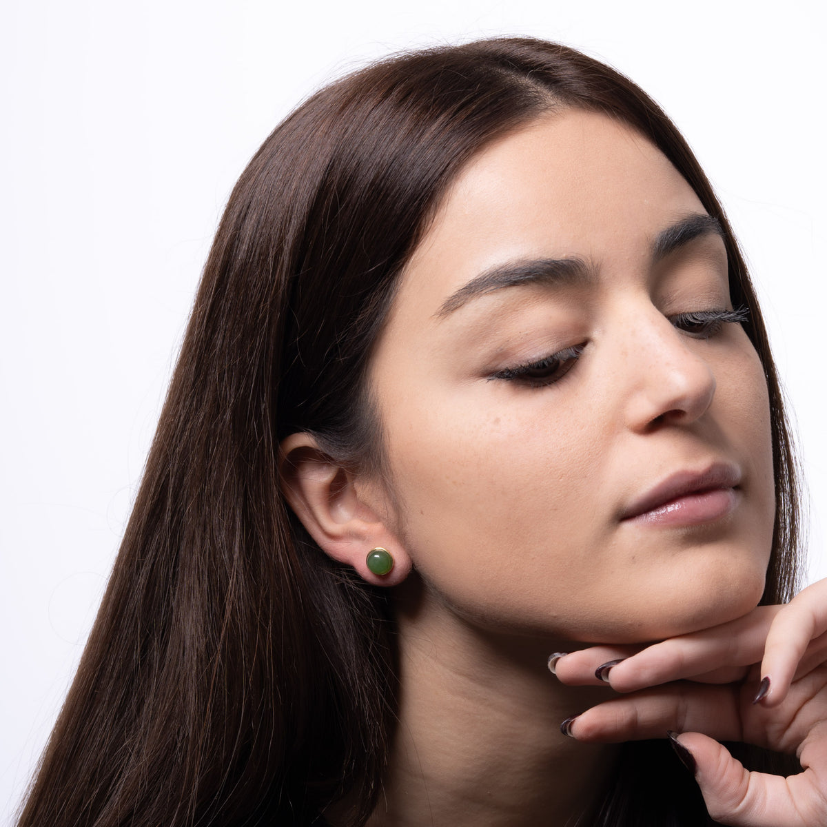 Jade Halo – Round Green Jade Cabochon Stud Earrings in Sterling Silver or Gold Vermeil