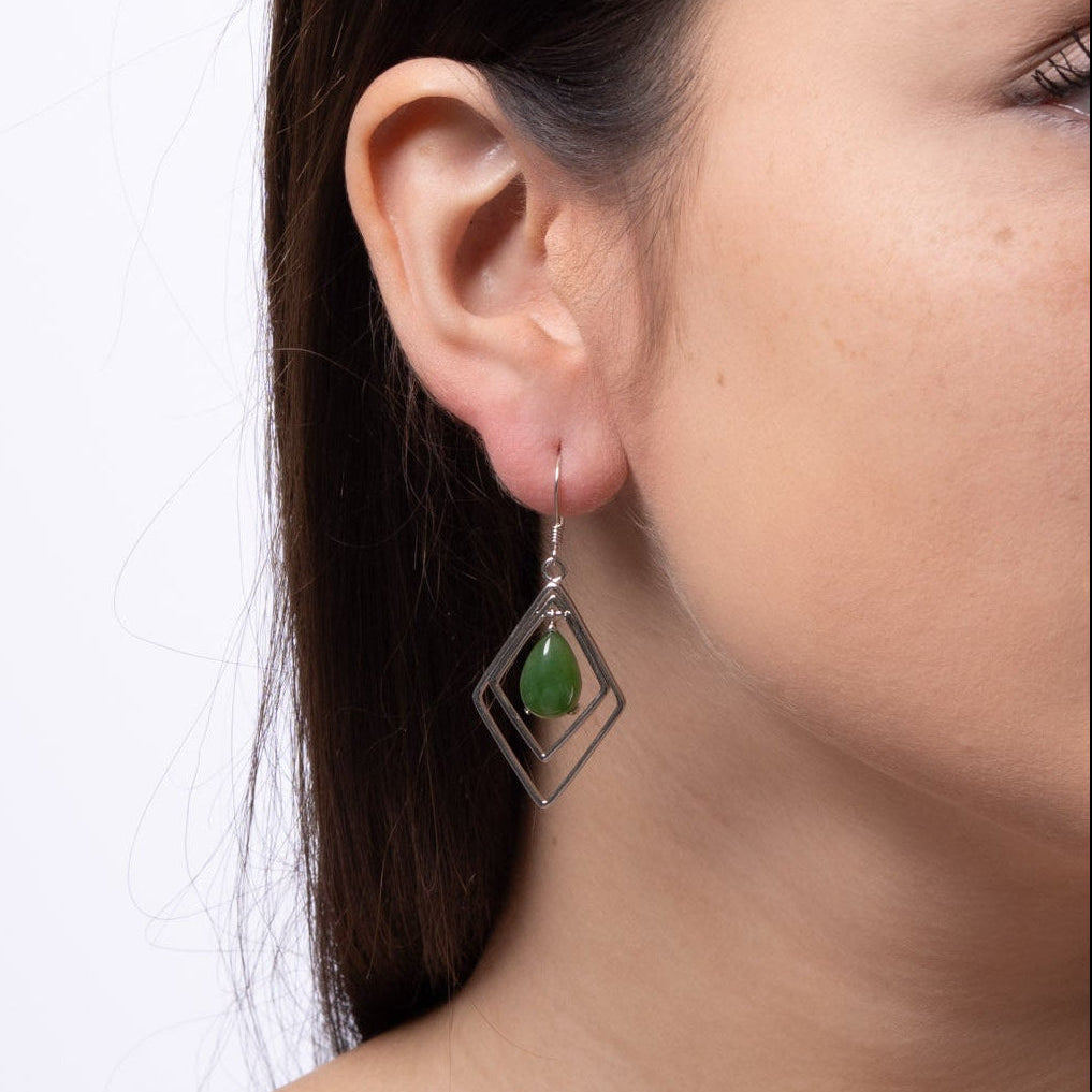 Jade Prism – Green Jade Teardrop Earrings with Double Diamond Frame in Sterling Silver