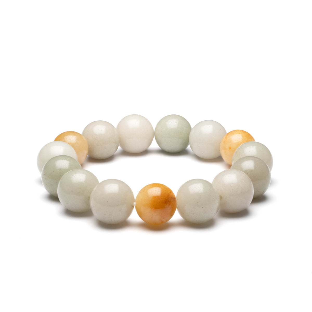 A bracelet featuring round beads in shades of white and yellow, representing a mix of jade and topaz.