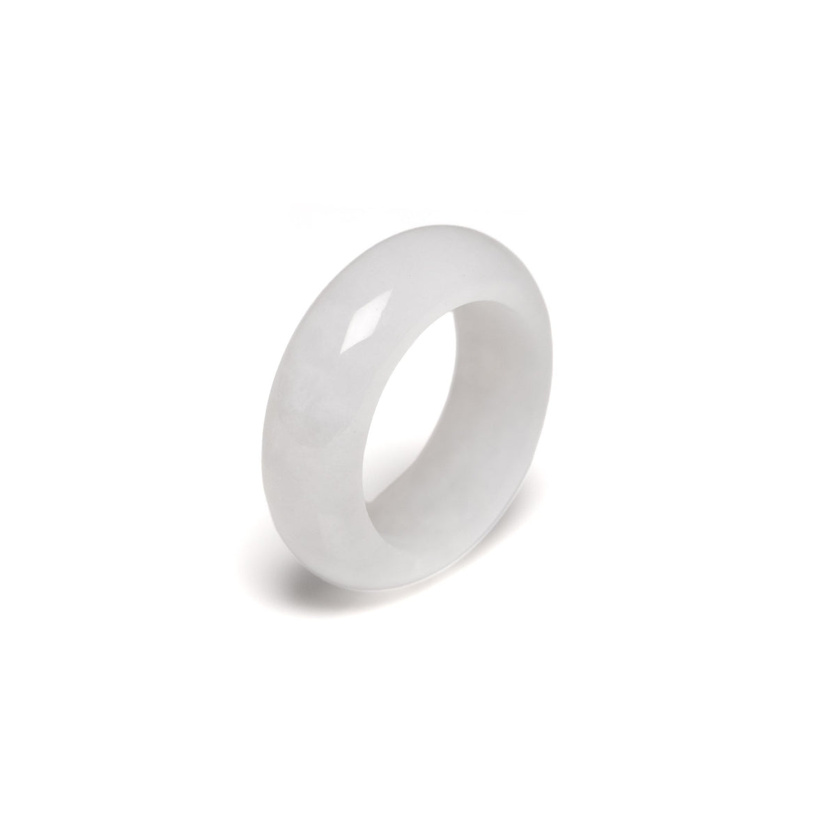 A smooth, polished white jade ring standing upright on a clean white background.