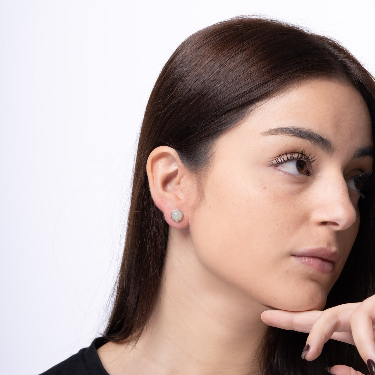 Luna – Minimalist White Jade Round Stud Earrings in Sterling Silver