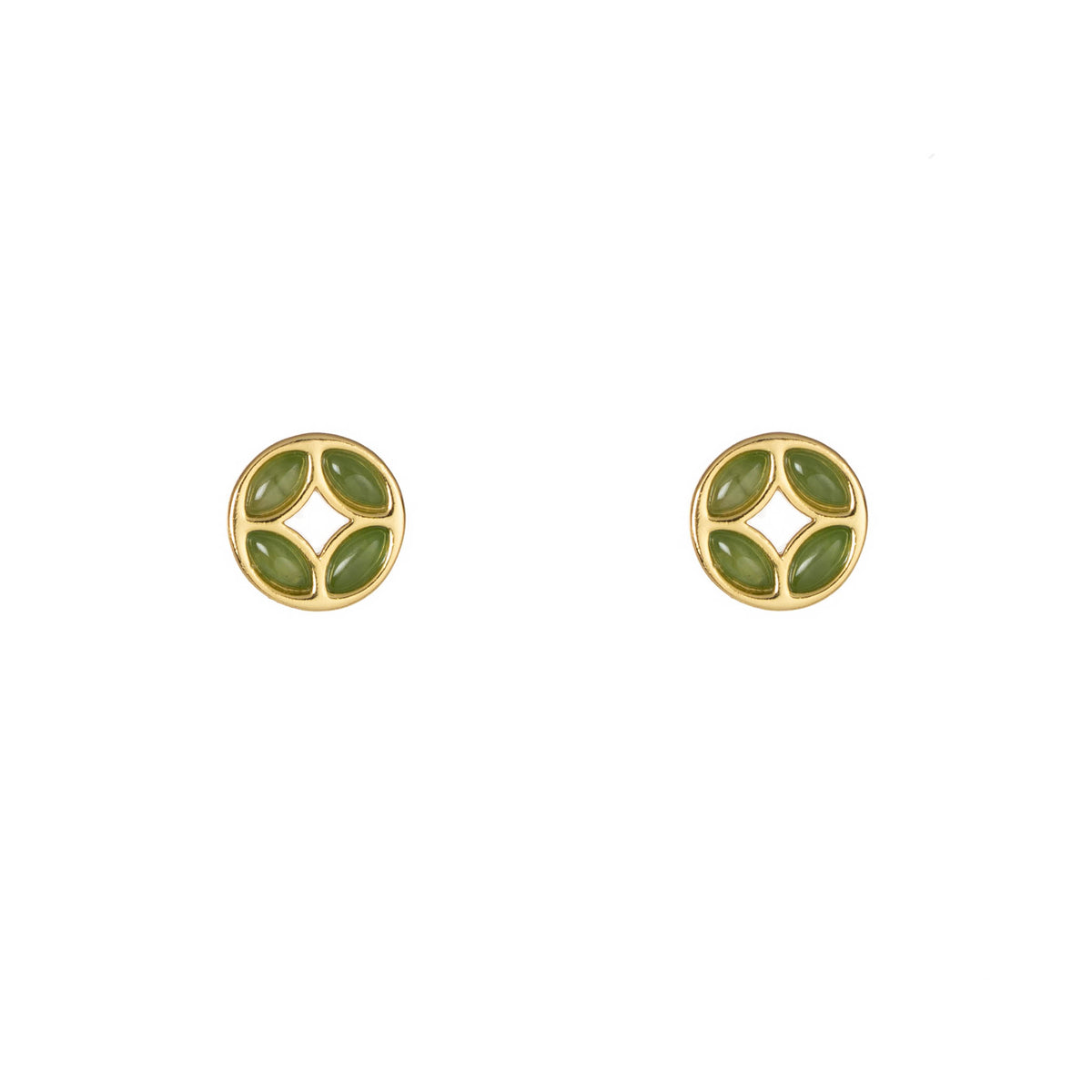 Fortune Coin – Green Jade Stud Earrings in Sterling Silver or Gold Plated Over 925