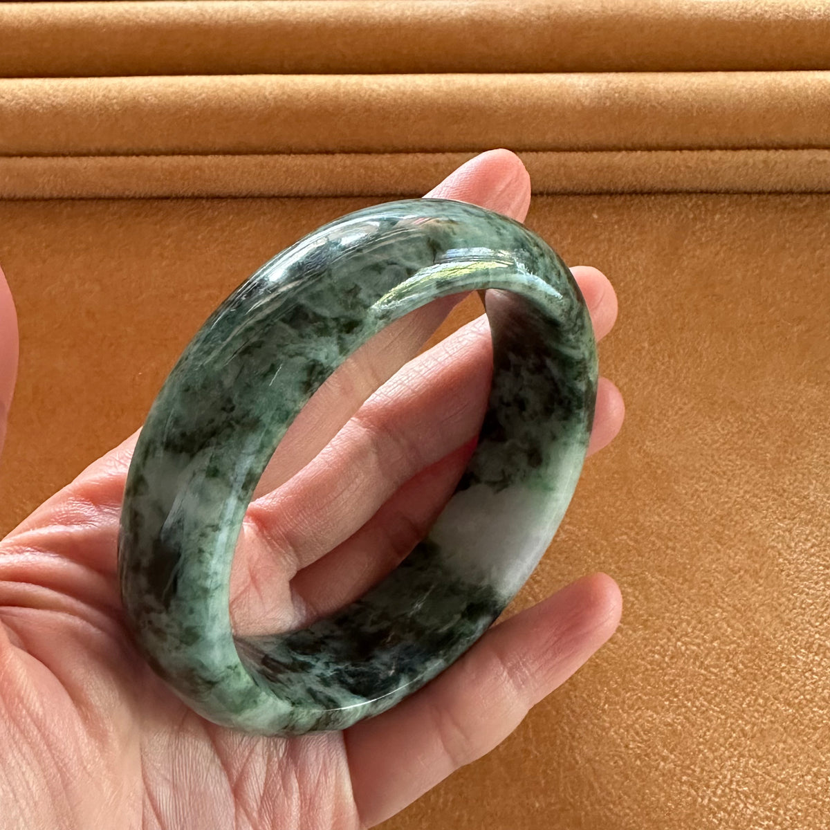 57.3mm Light Green with Dark Green Patterns, Lavender Patch and Apple Green Spots Jade Bangle Bracelet