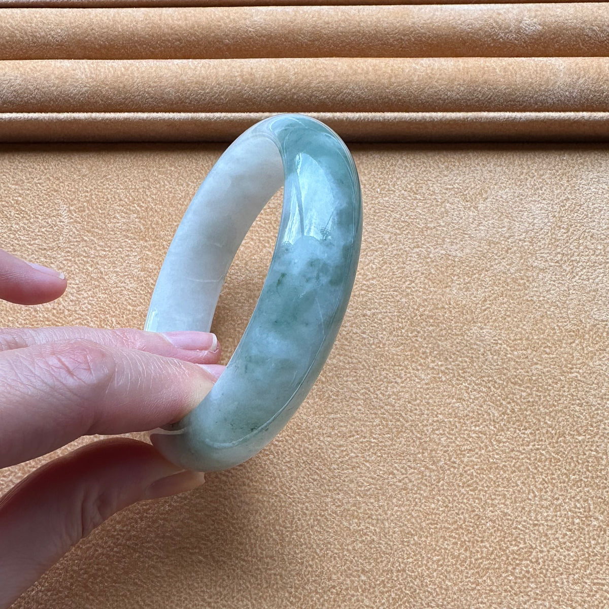 Genuine Grade A Green and White Burmese Jade Bracelet - 60mm Half Moon