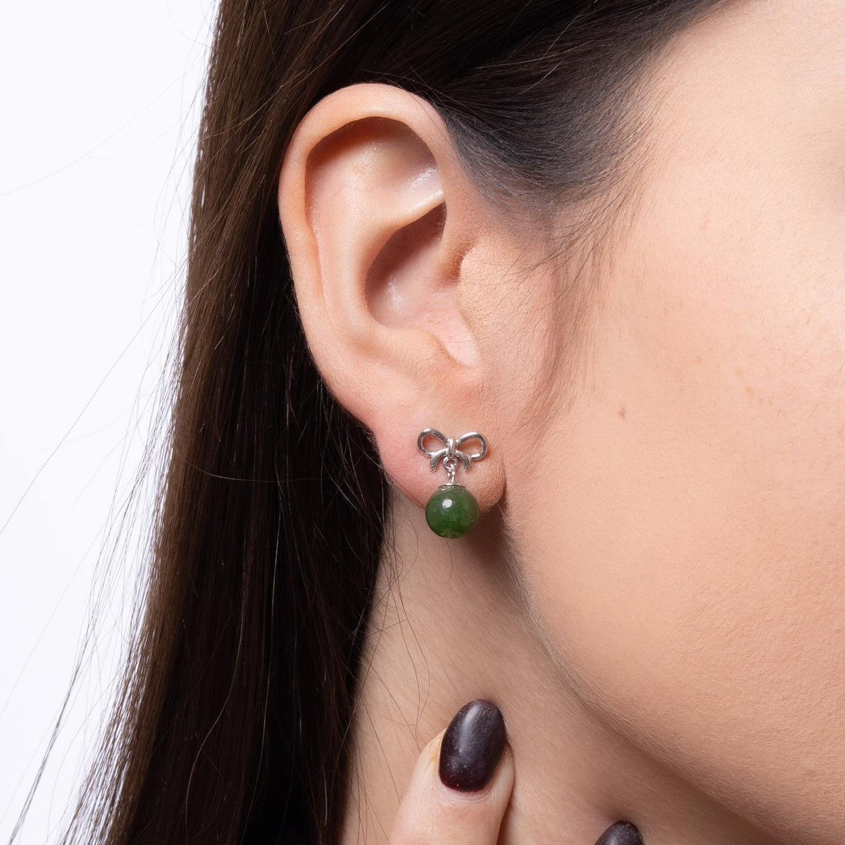 Sterling Silver Bow Stud Earrings with Green Jade Drops – 925 Fine Jewellery