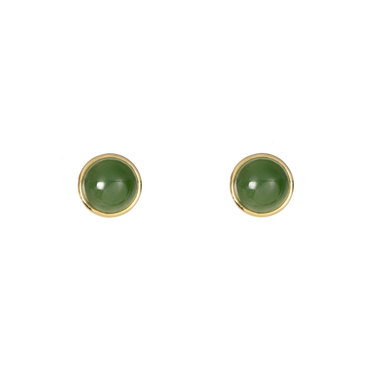 Pair of green round earrings with gold rims on a white background