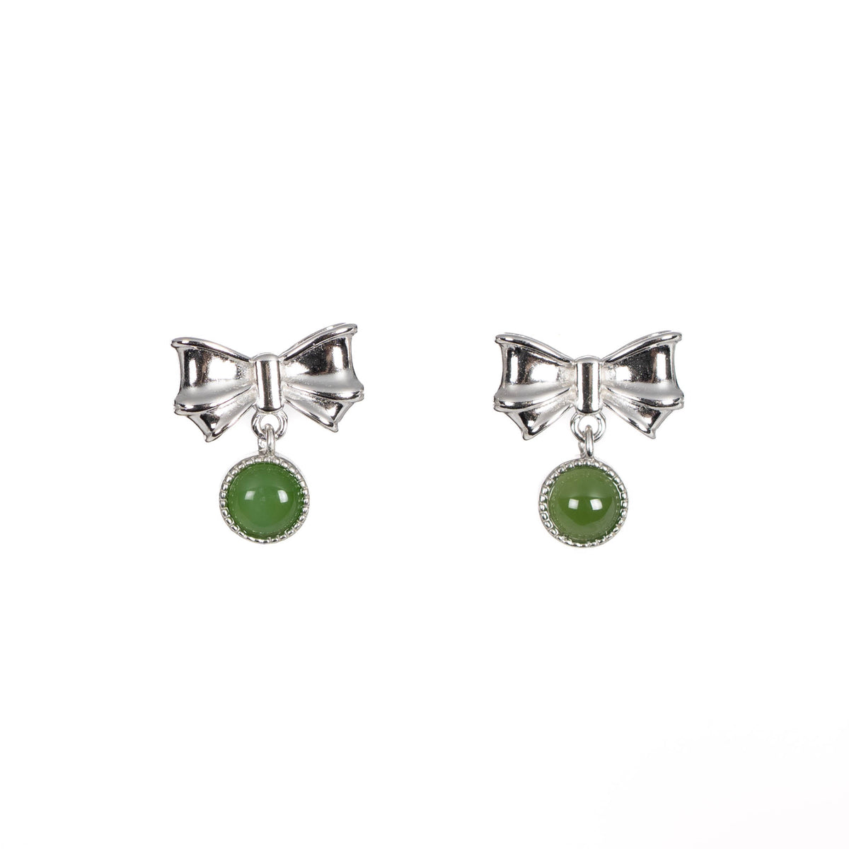 Jade Ribbon – Green Jade Drop Earrings with Bow Set in Sterling Silver