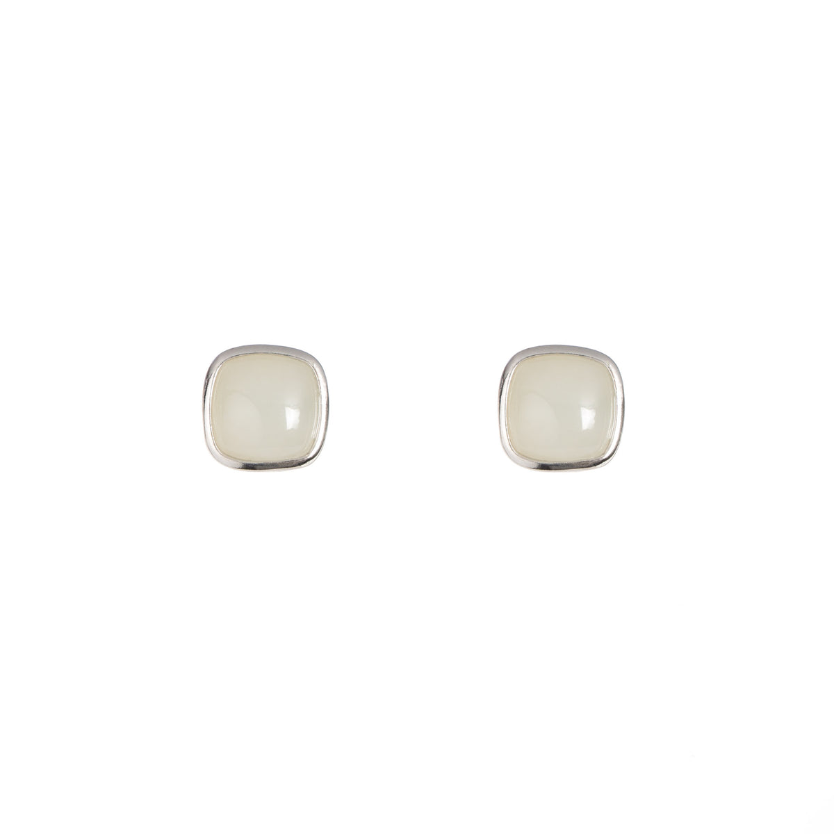 Lunar Mist Studs – White Nephrite Jade Cushion Earrings in Sterling Silver