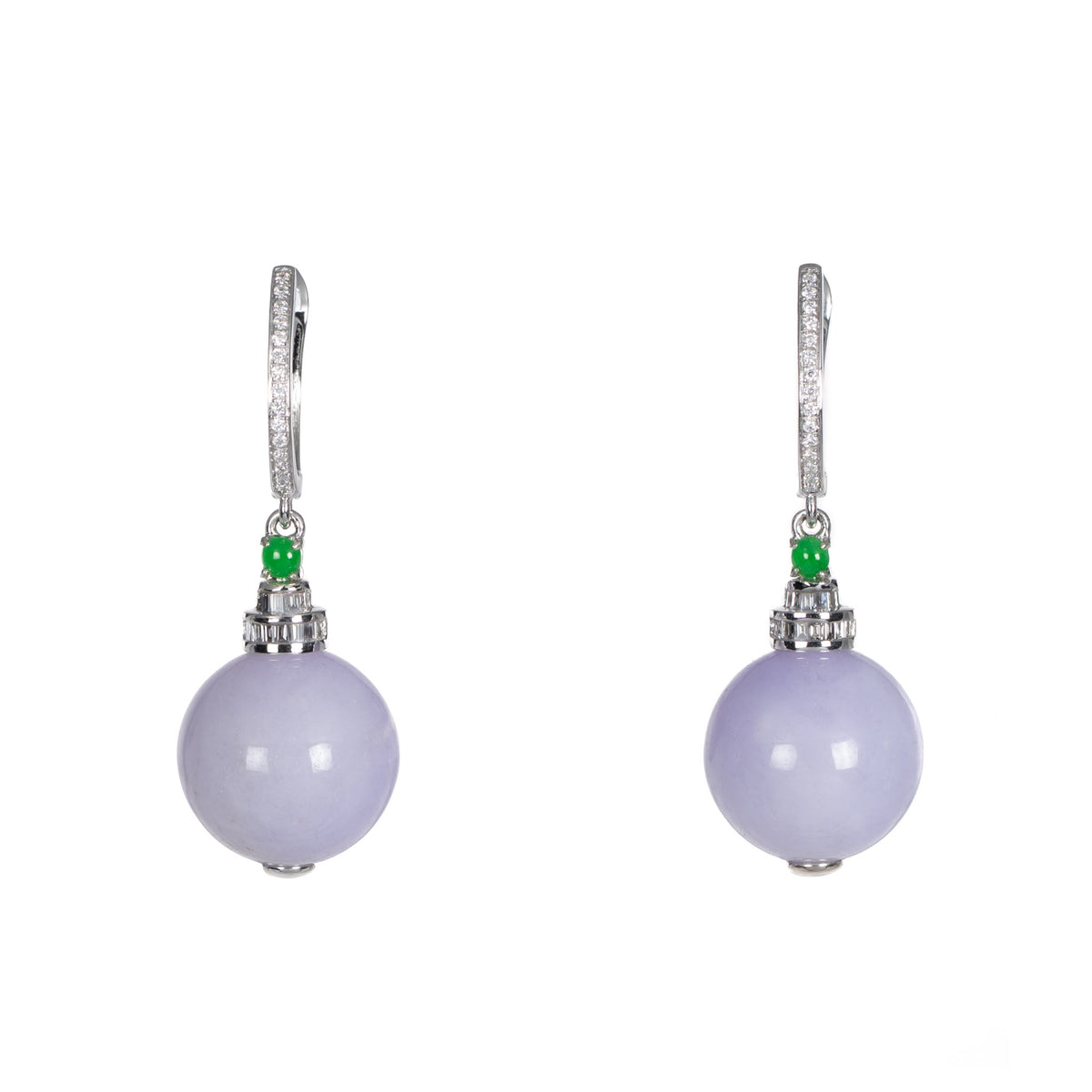 Serenity Glow Jadeite Earrings – Lavender Beads with Imperial Green Jade and Diamonds in 18K White Gold