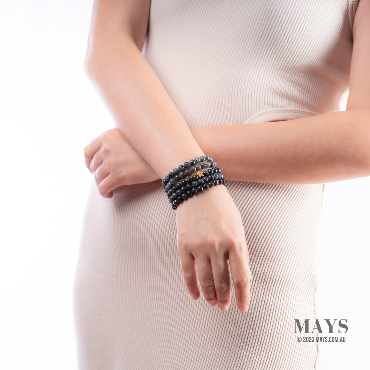 Small Grey and Black Jadeite Jade Bead Bracelet - 7mm