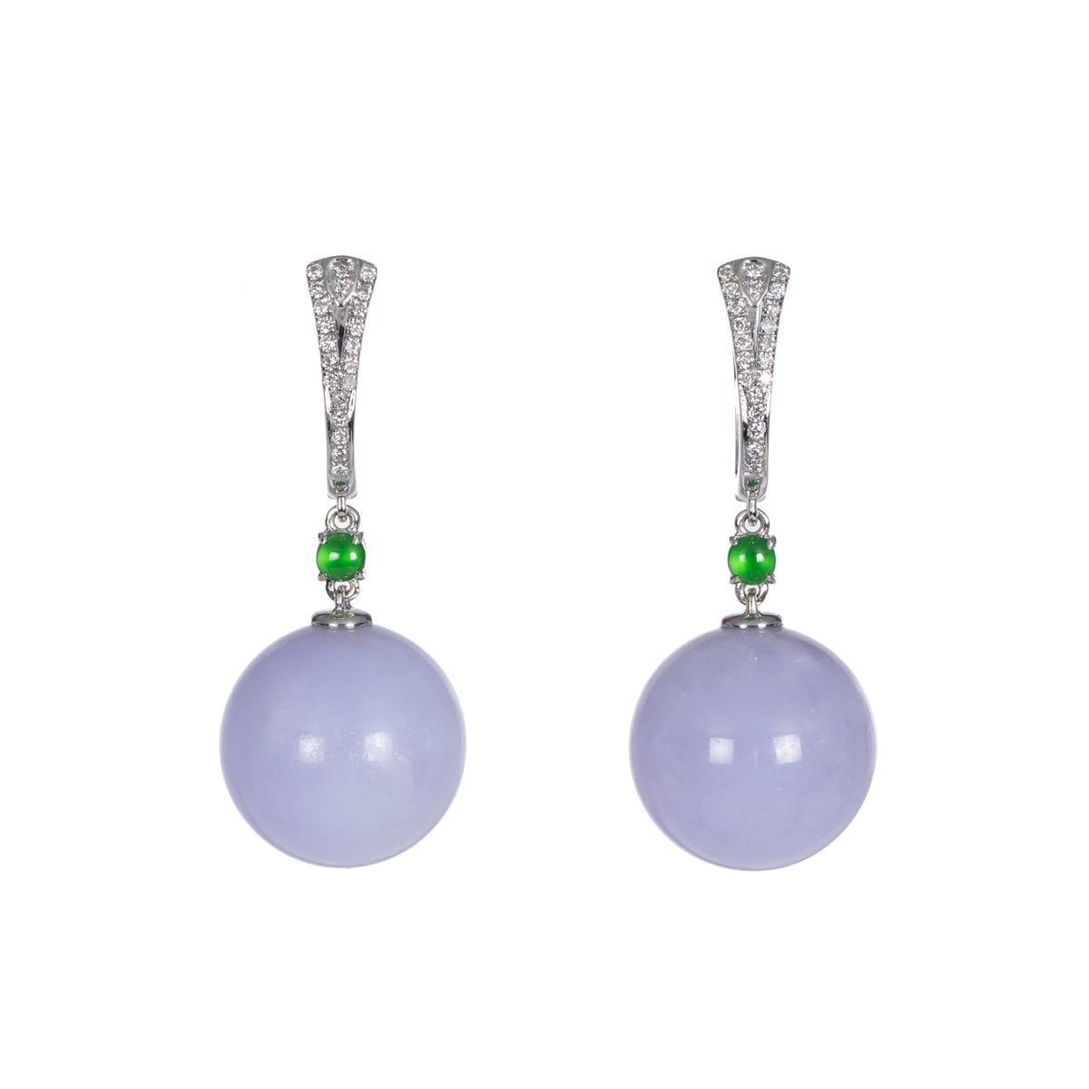 Tranquil Bloom Jadeite Earrings – Lavender and Green Jade in 18K White Gold