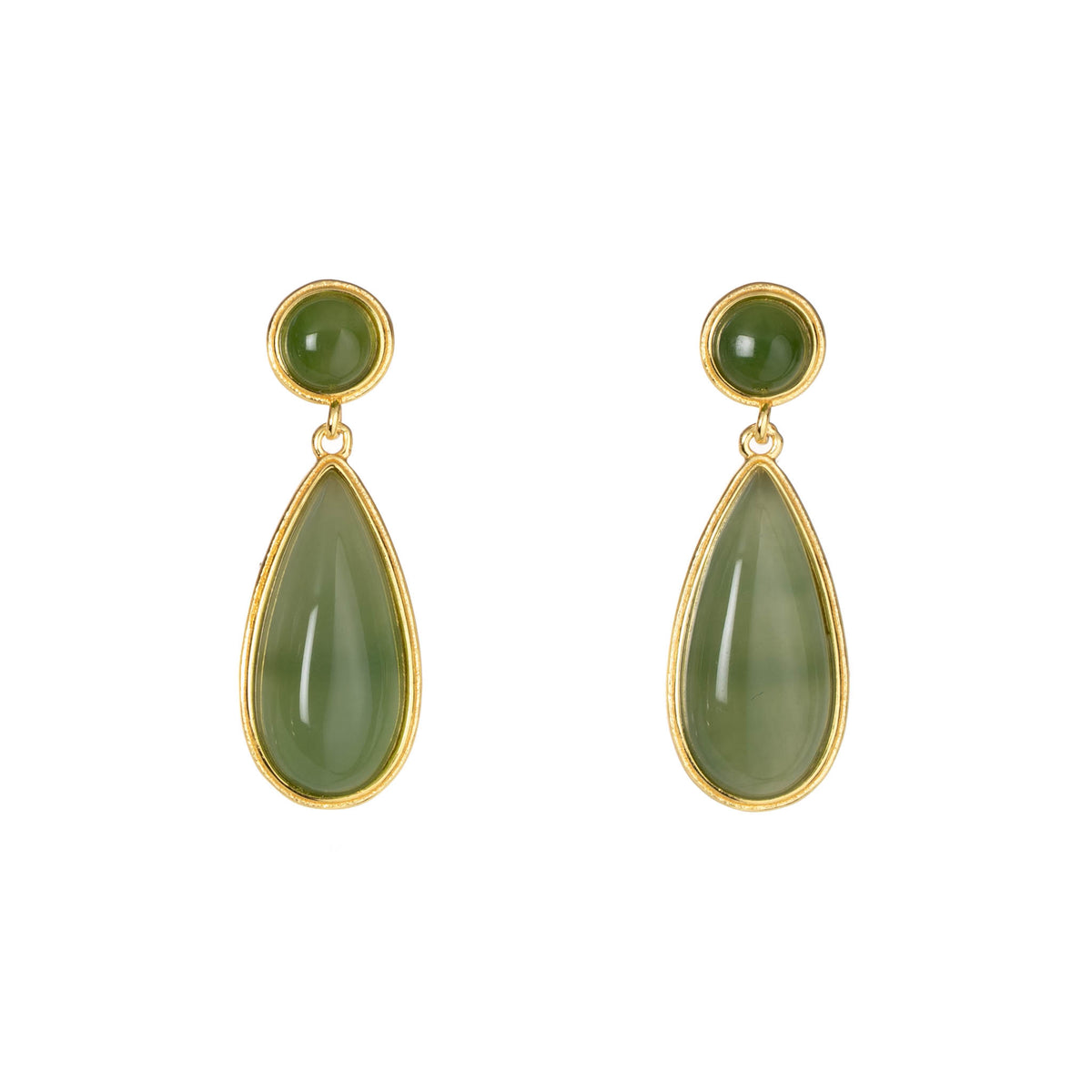 Pair of green teardrop earrings with gold accents on a white background