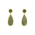 Pair of green teardrop earrings with gold accents on a white background