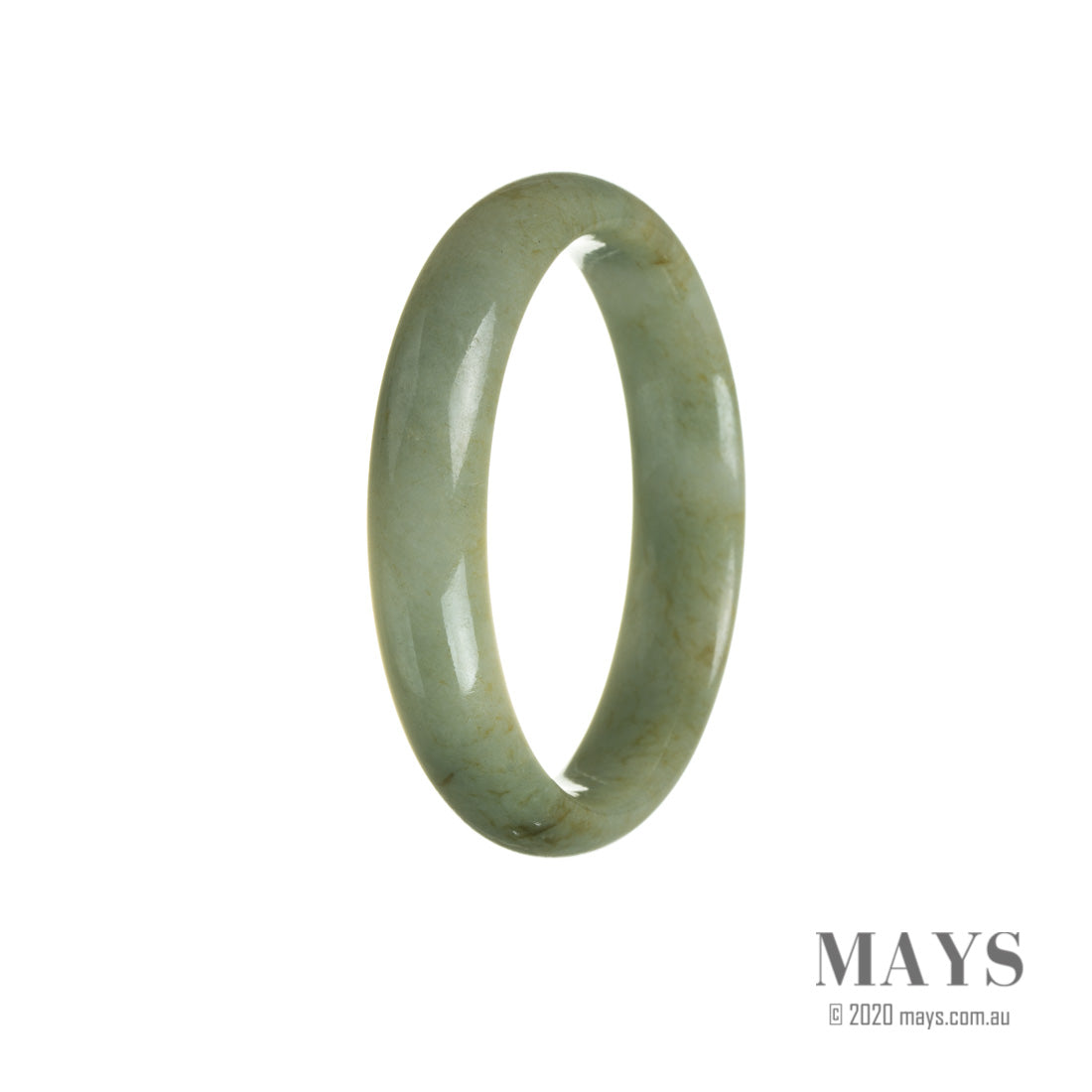 A close-up image of a genuine Type A green traditional jade bracelet with a half moon design, measuring 57mm in size. The bracelet is made by MAYS™.