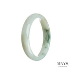A close-up image of a half-moon shaped bangle bracelet made of genuine Grade A white with green Burma jade. The bracelet, measuring 55mm in diameter, has a smooth and polished surface, showcasing the natural beauty and vibrant colors of the jade stone. It is a stunning piece of jewelry by MAYS.