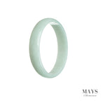 A close-up image of a flat, pale green jadeite bangle bracelet measuring 52mm in diameter. The jadeite has a smooth, polished surface and a Type A classification. It is a high-quality piece from MAYS GEMS.