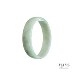 A close-up photo of an authentic Grade A white with green jade bangle. The bangle is flat and measures 53mm in diameter. It is a high-quality piece from the brand MAYS.