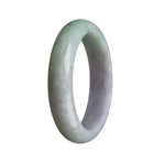 A close-up image of an exquisite jade bracelet made from Grade A green with lavender jadeite jade. The bracelet features a half-moon shape with a diameter of 58mm. It is a beautiful and authentic piece of jewelry from MAYS GEMS.
