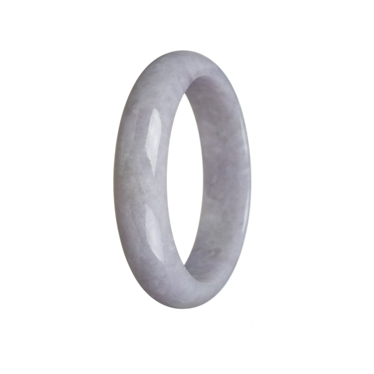 A close-up view of a stunning half moon shaped lavender Burma Jade bracelet. The bracelet is made from genuine Grade A jade, showcasing its natural beauty and elegance. The smooth and polished surface reflects light, highlighting the rich lavender color and intricate patterns of the stone. This bracelet from MAYS is a timeless piece of jewelry that exudes grace and sophistication.