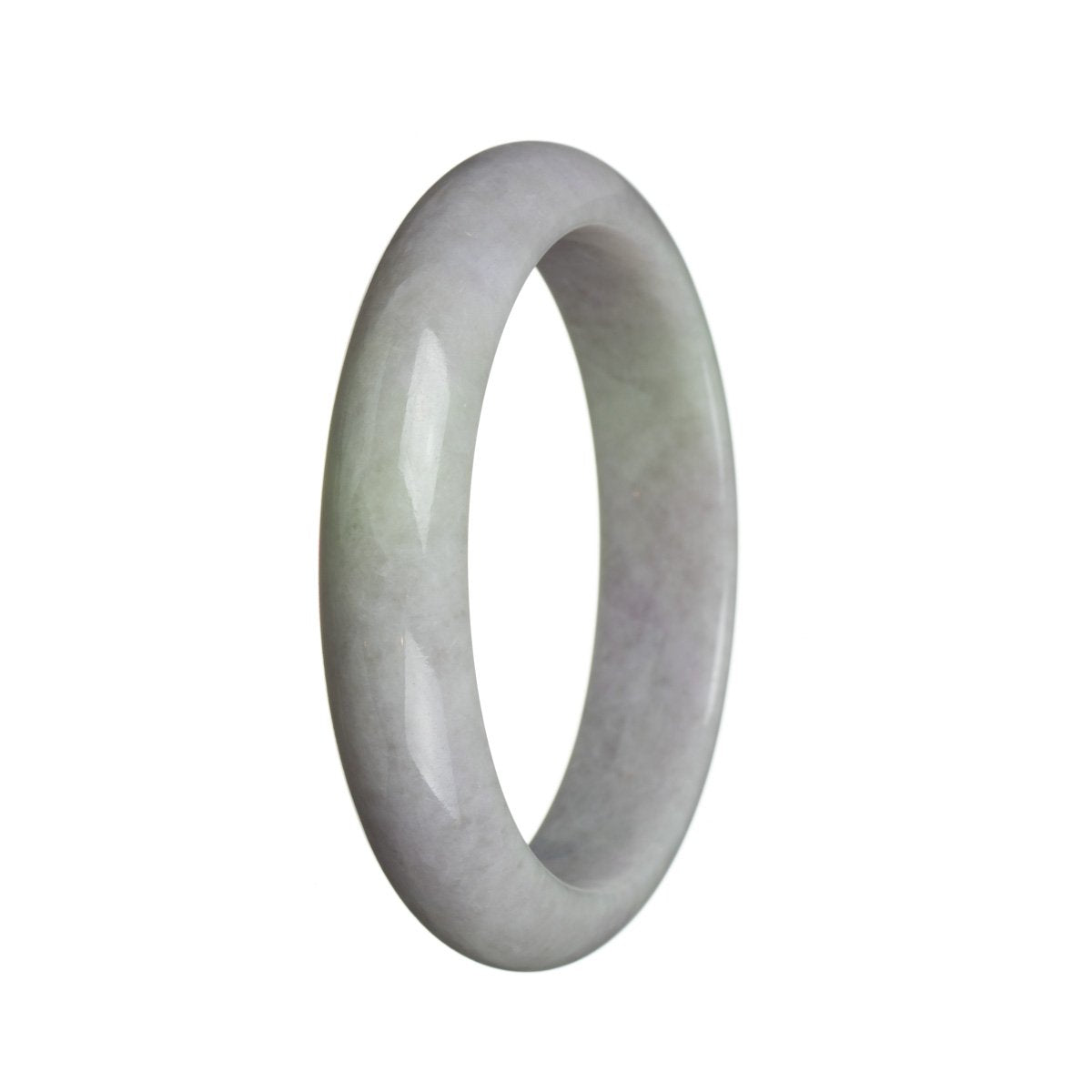 Close-up image of a lavender-colored jade bangle bracelet. The bracelet is made of high-quality semi-round Burma Jade, with a smooth and polished surface. The diameter of the bangle is 59mm, making it suitable for most wrist sizes. Perfect for adding a touch of elegance and natural beauty to any outfit.