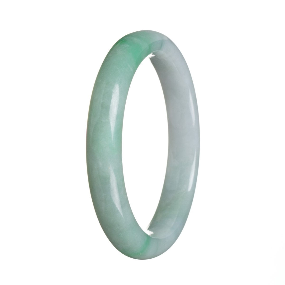 A close-up photo of a beautiful, apple green jadeite bangle bracelet. The bracelet is certified Type A and has a semi-round shape, measuring 63mm in diameter. It is a stunning piece of jewelry from MAYS™.