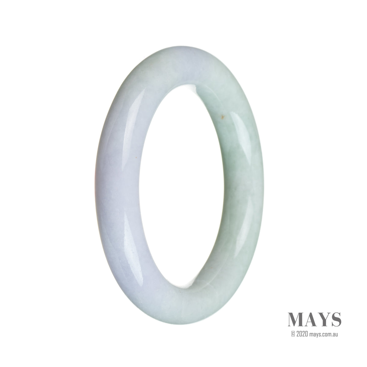 A close-up image of a round lavender-colored stone bracelet, featuring genuine grade A lavender stones and green Burma jade beads. The bracelet is 54mm in diameter and is from the brand MAYS.